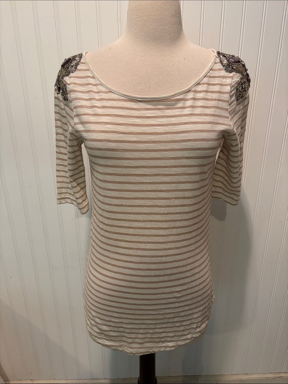 J Crew Deletta Cotton Embellished Shoulder Striped Tee in Cream and Taupe Sz XS